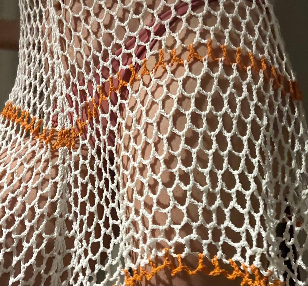 Gehaakte strandjurk met oranje accenten, Ophalen of Verzenden, Zo goed als nieuw