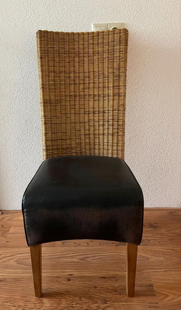 6 rieten eetkamerstoelen met kunstlederen zitting, Huis en Inrichting, Stoelen, Ophalen, Gebruikt, Bruin, Leer