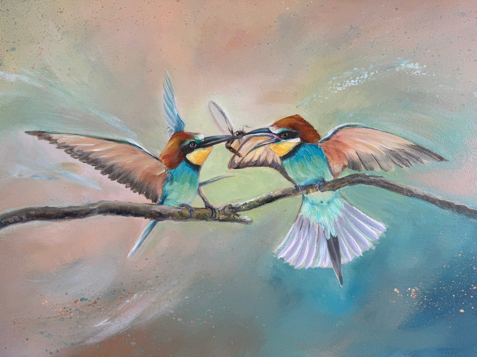 Schilderij bijeneters, Gesigneerd, Acrylverf, Ophalen of Verzenden, Dieren