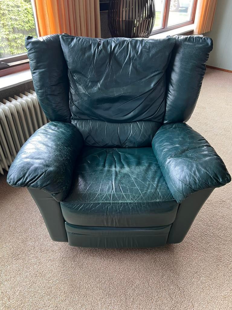 LEER - FAUTEUILS - GROEN - RELAX STANDE. - VOETENSTEUN, Ophalen, Zo goed als nieuw, Leer