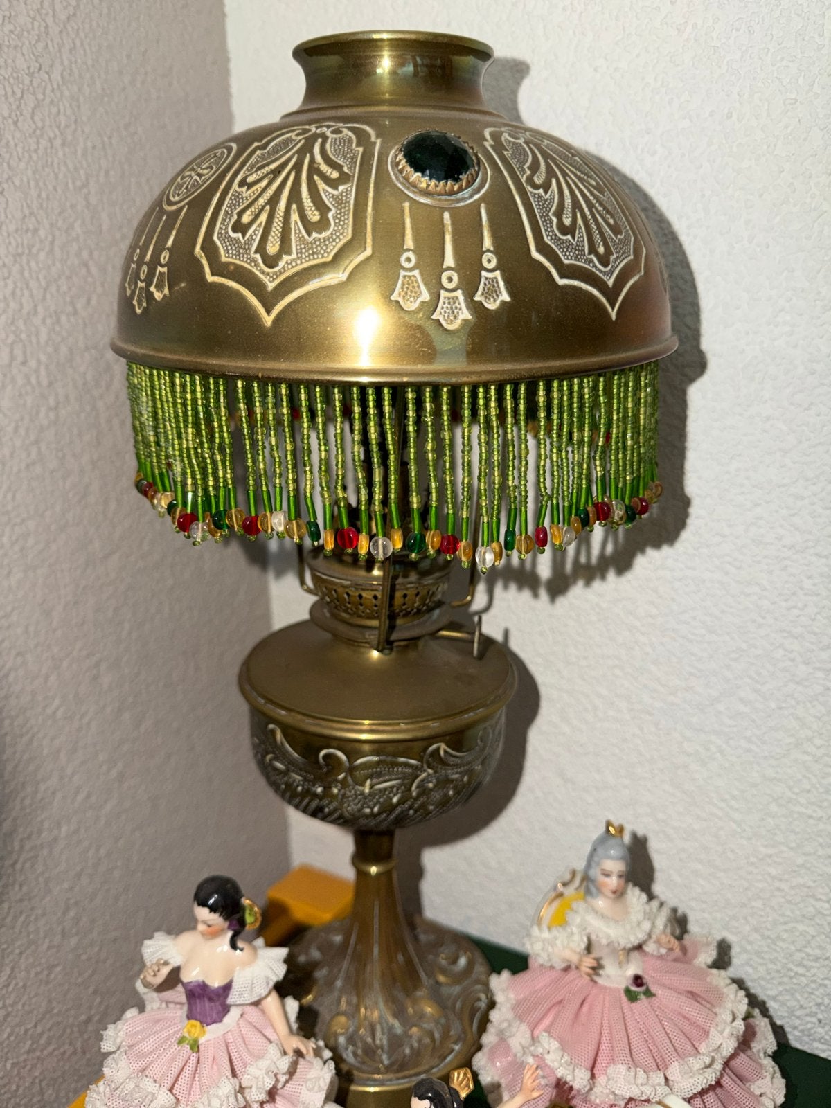 Antieke Messing Olielamp met Kralenrand, Ophalen