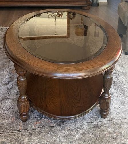 Ovale salontafel met glasplaat en eikenhouten onderstel, Ophalen, 50 – 75, Gebruikt, 100 tot 150 cm