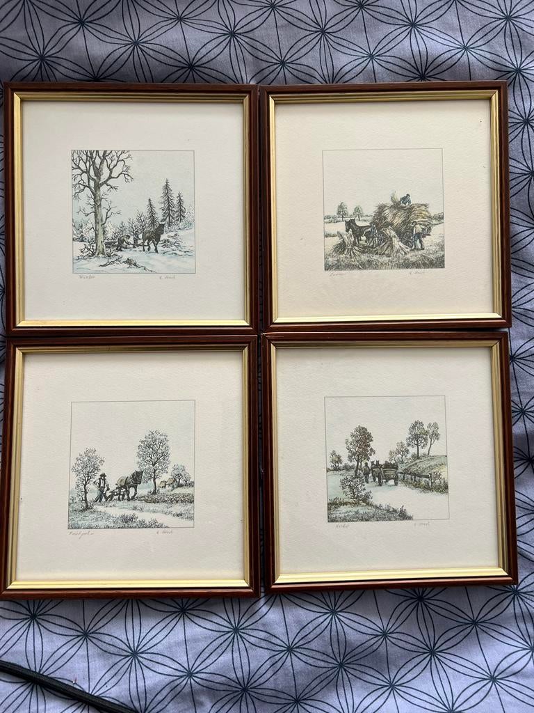 De Vier Jaargetijden - Set van 4 ingelijste prenten, Ingelijst, 1950 - 1999, Overige technieken, Ophalen of Verzenden