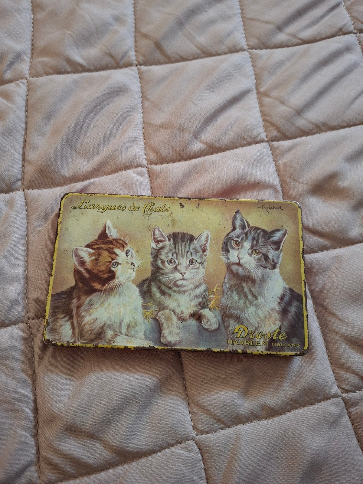 Prachtig brocant katten poezen blikje van Droste, Ophalen of Verzenden, Gebruikt, Overige, Droste
