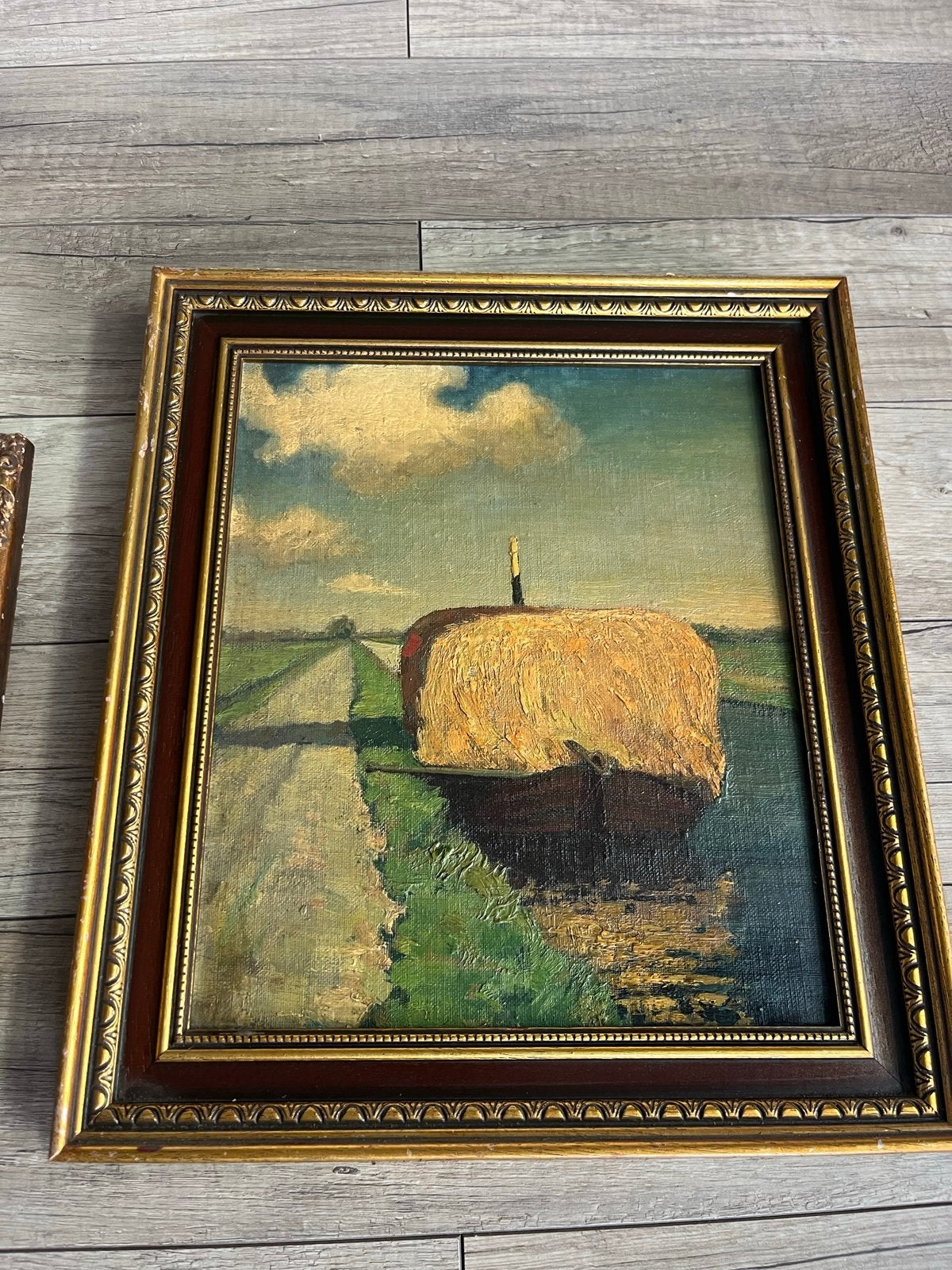 Jan Planting Olieverfschilderij: Hooiberg aan het water, Doek, Ophalen of Verzenden, Landschap, Olieverf