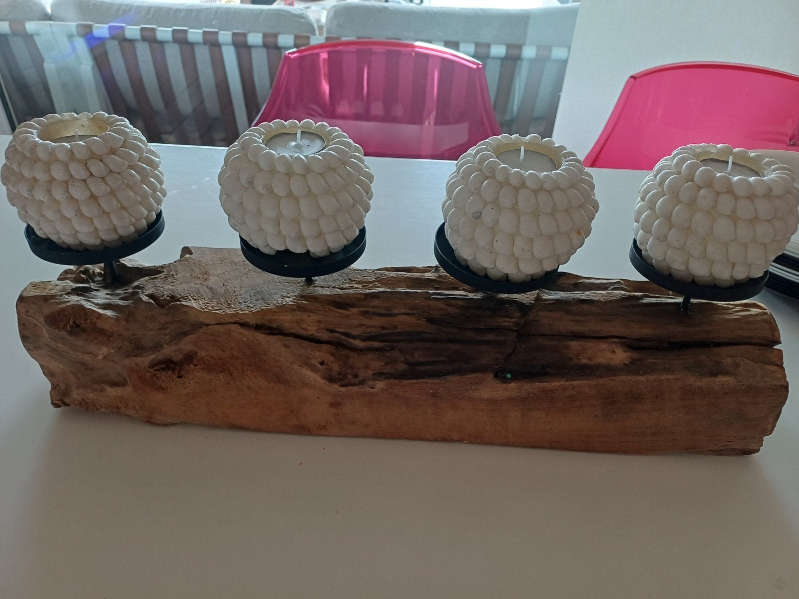 Unieke houten kandelaar met 4 theelichthouders, Bruin, Ophalen of Verzenden, Zo goed als nieuw, Kandelaar
