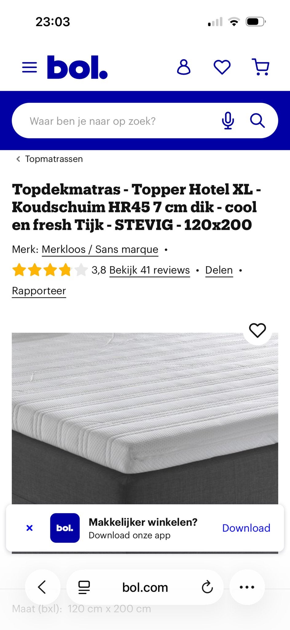 Topdekmatras - Topper Hotel XL - Koudschuim HR45 120x200, Nieuw, Ophalen of Verzenden, Twijfelaar, 200 cm