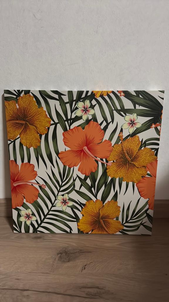 Canvas Schilderij Tropische Bloemen 38x38cm, Ophalen, Zo goed als nieuw, Schilderij