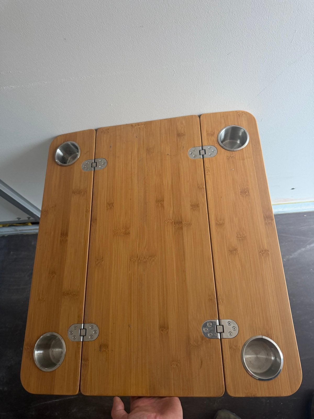 Opvouwbare en draaibare bamboe campingtafel met bekerhouders, Ophalen, Gebruikt