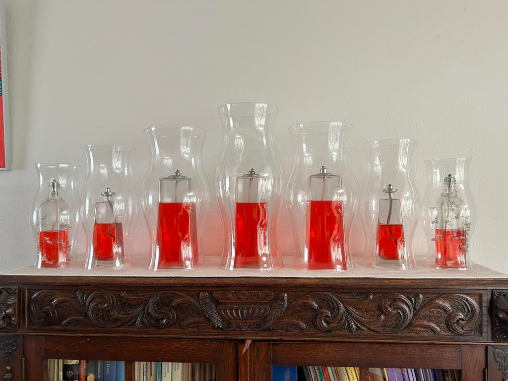 Set van 7 glazen olielampen met rode olie gratis op te halen, Ophalen, Gebruikt