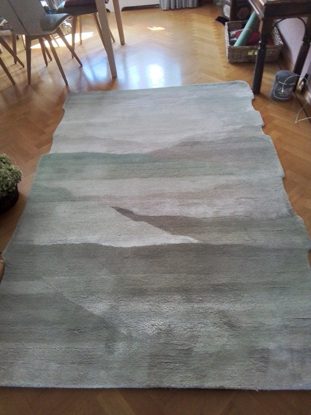 Wollen vloerkleed groen/beige 160x230cm met unieke vorm, Ophalen, Gebruikt, Groen, 150 tot 200 cm