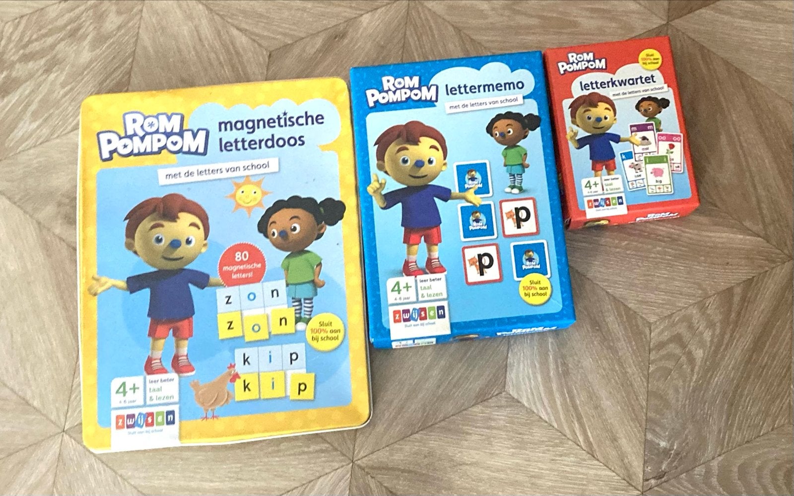 Rom Pom Pom Educatieve Spellen: Letterdoos, Lettermemo, Lett, Kinderen en Baby's, Speelgoed | Educatief en Creatief, Ophalen, Zo goed als nieuw