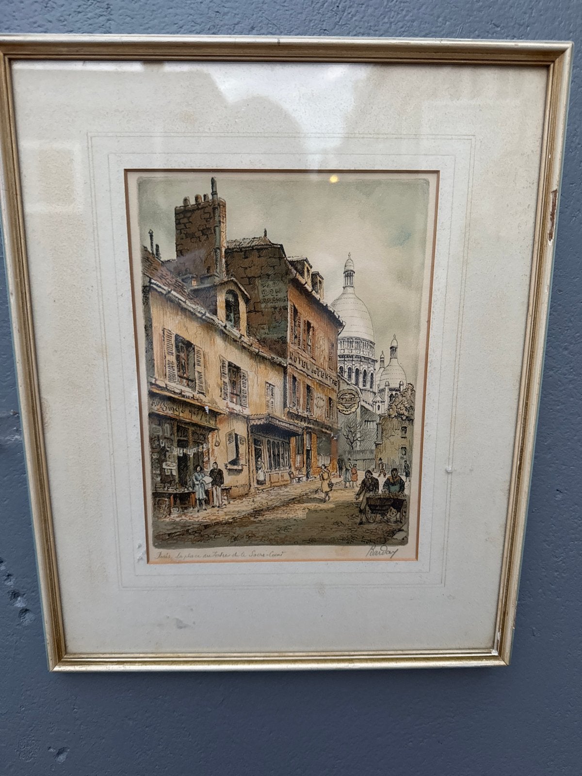 Parijs Montmartre Sacre-Coeur Ets Handgekleurd Gesigneerd, Antiek en Kunst, Kunst | Etsen en Gravures, Ets, Stadsgezicht, Ophalen of Verzenden