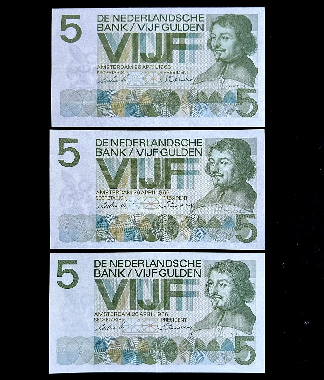 SETJE:3x 5 GLD, 1966. ‘Z’serie 2x INVUL, 1x REPLACEMENT. PR+, Postzegels en Munten, Bankbiljetten | Nederland, Verzenden, 5 gulden