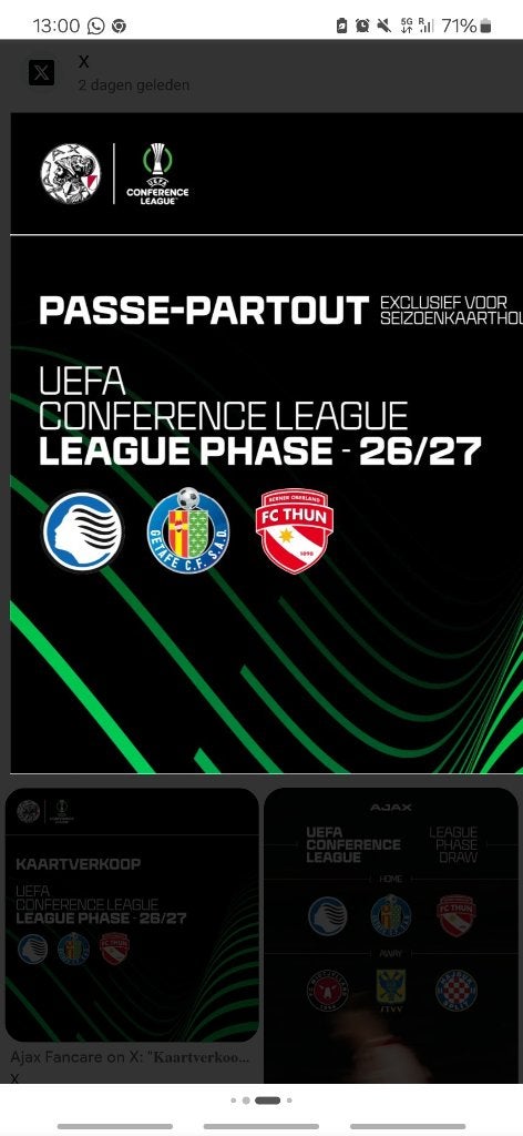 Ajax Passe partout 2x (280,- per stuk), Losse kaart, Twee personen, Oktober, Europa of Champions League