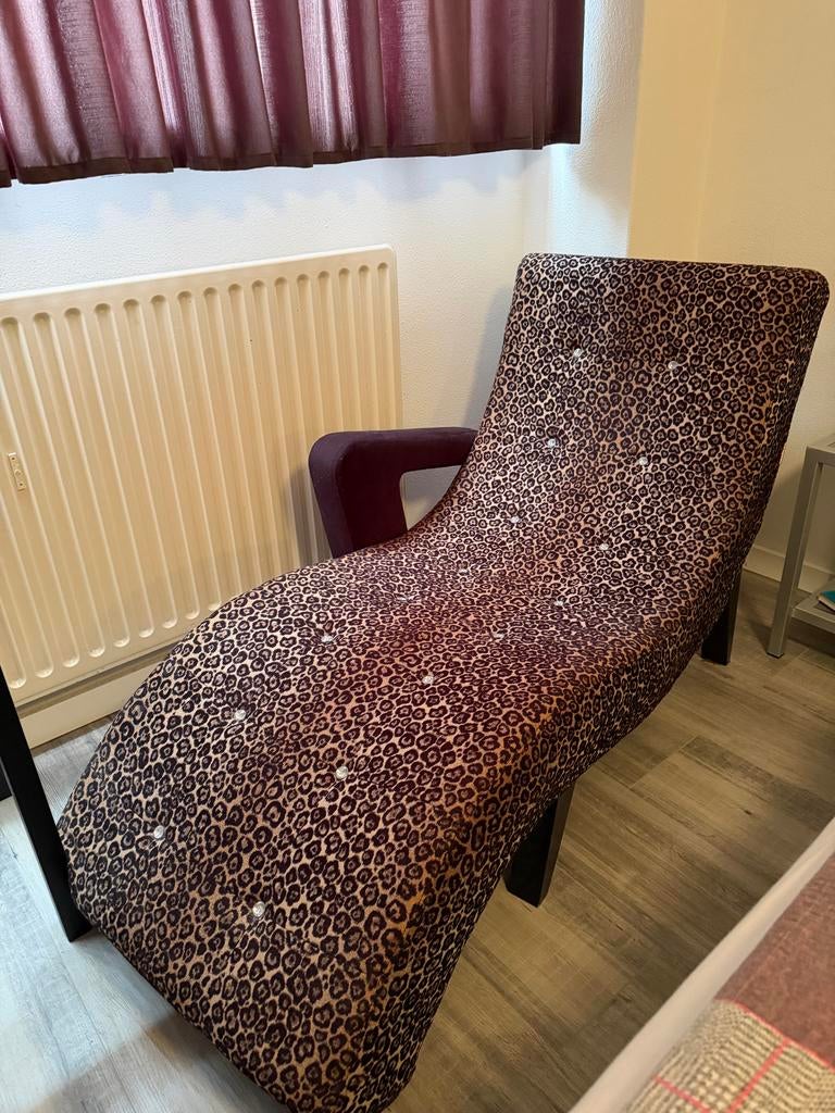 chaise longue met luipaardprint, Huis en Inrichting, Banken | Sofa's en Chaises Longues, Ophalen, Gebruikt, Eenpersoons, 75 tot 100 cm
