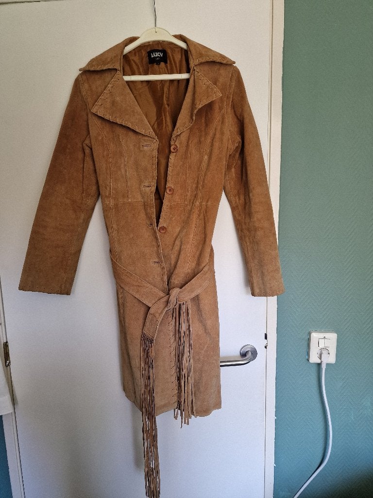 Suede trenchcoat, Bruin, Maat 42/44 (L), Ophalen of Verzenden, Onbekend
