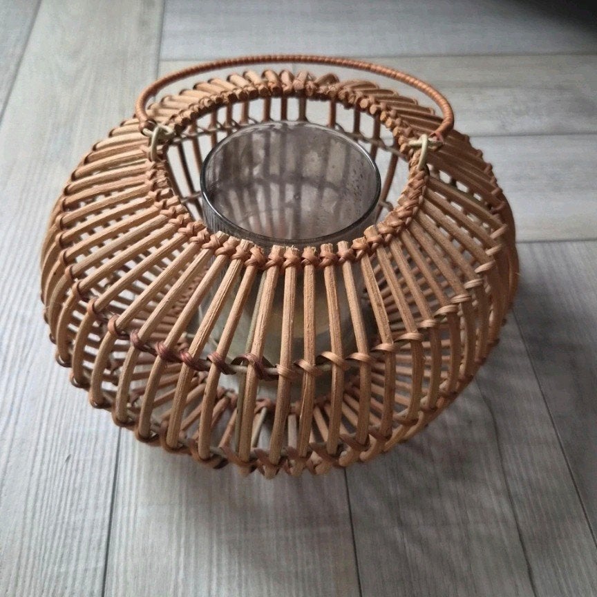 Rotan windlicht met glazen houder, Windlicht, Gebruikt, Bruin, Natuurlijk materiaal