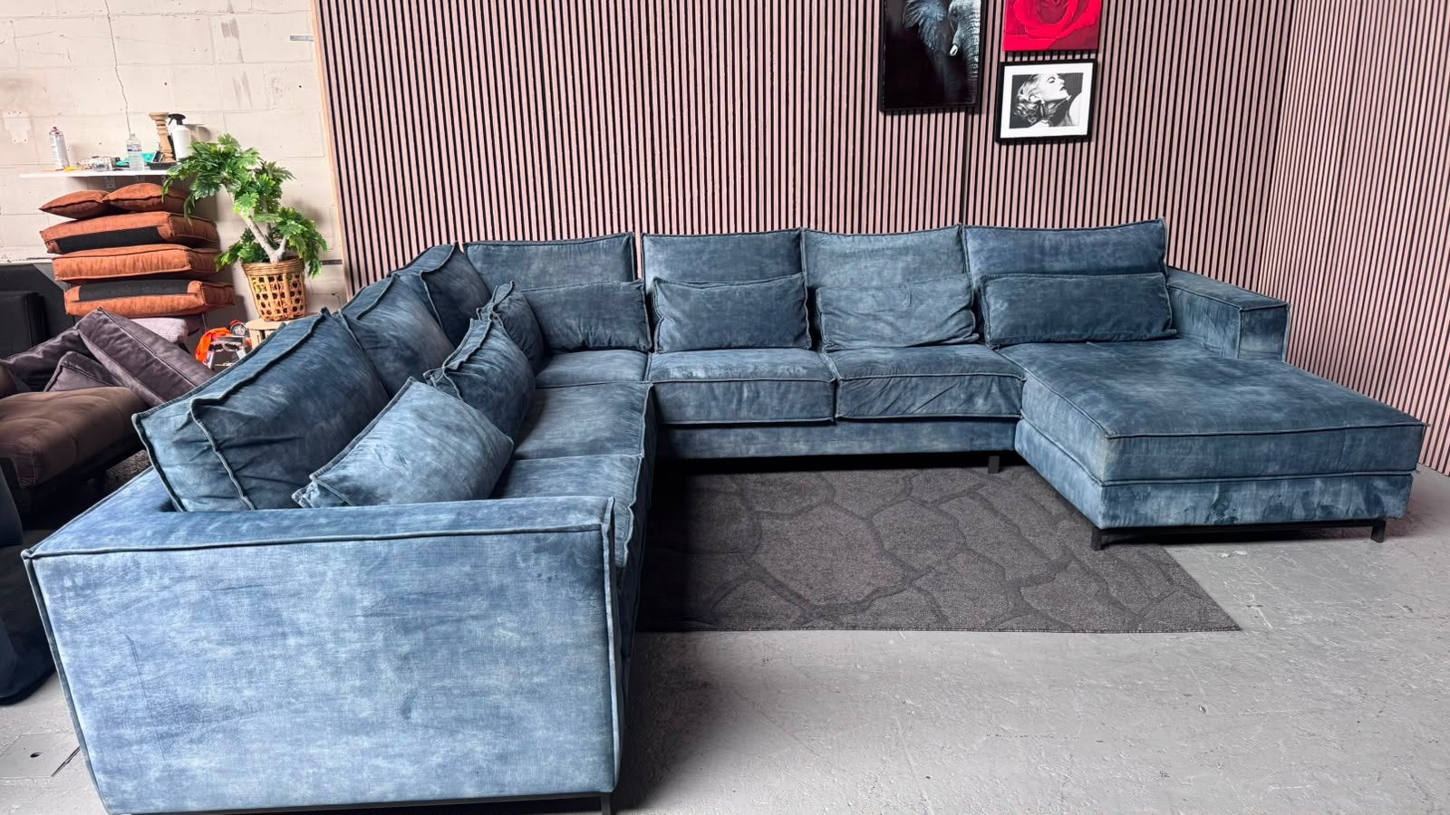 GRATIS LEVERING Velvet U-Bank Blauw 385x335x200 GEREINIGD, Hoekbank, 300 cm of meer, Ophalen of Verzenden, Zo goed als nieuw