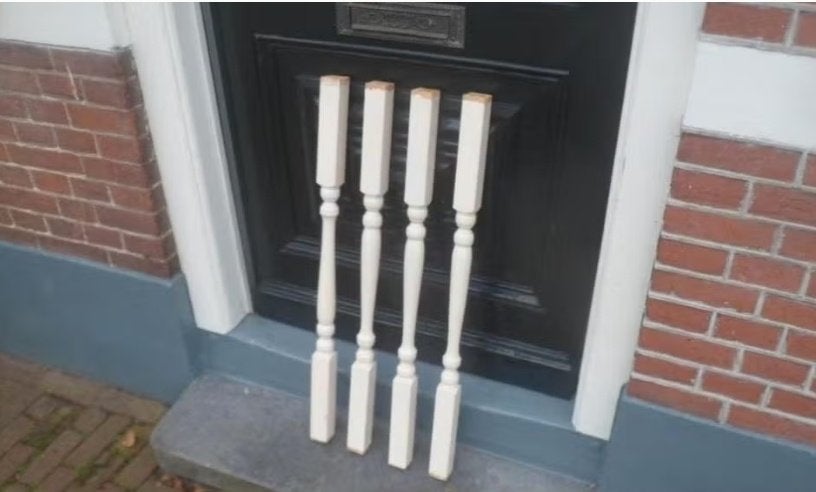 4 houten pilaren, spijlen, traphek, tafelpoten 80 cm hoog, Huis en Inrichting, Tafelonderdelen, Gebruikt, 50 tot 100 cm, Rond gedraaid