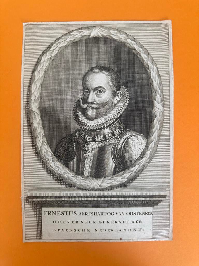 Antieke gravure Ernestus Aartshertog van Oostenrijk, Antiek en Kunst, Kunst | Etsen en Gravures, 1800 - 1899, Met tekst, Portret