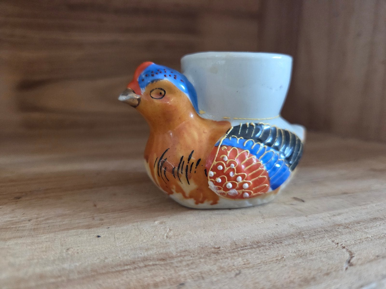 Antiek eierdopje in de vorm van een kleurrijke vogel, Ophalen of Verzenden