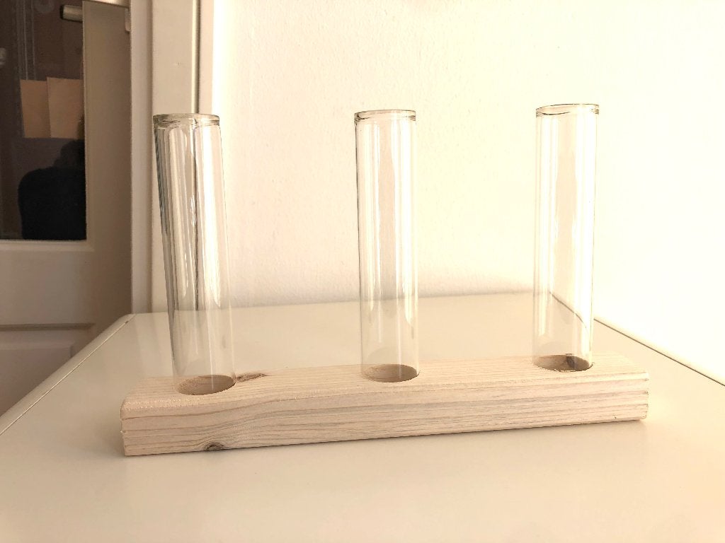 Glazen vaasjes in houten standaard, Transparant, Nieuw, Glas, 15 cm