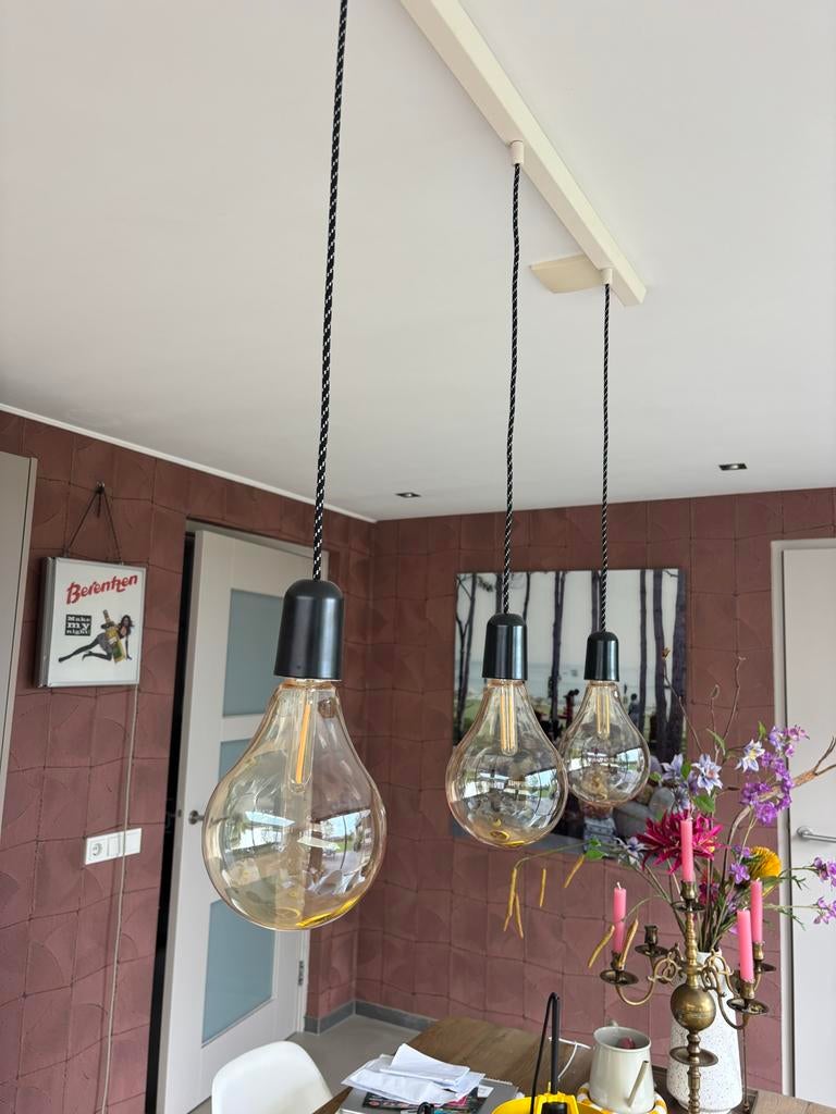 3 luxe glazen hanglamp, stenen kapje Zangra warme gloed, Ophalen of Verzenden, Gebruikt, Glas, 75 cm of meer