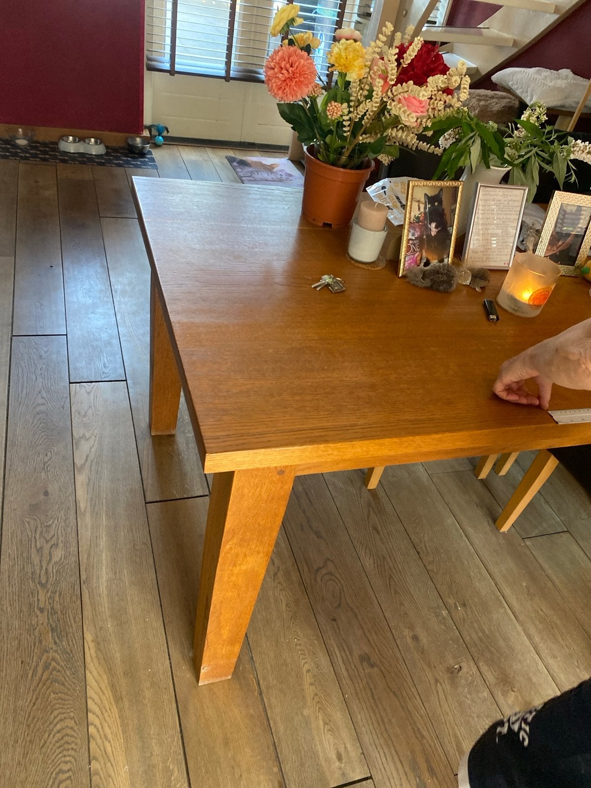 Houten eettafel 230x95 cm massief hout en 6 stoelen, Ophalen, Gebruikt, 200 cm of meer, 50 tot 100 cm