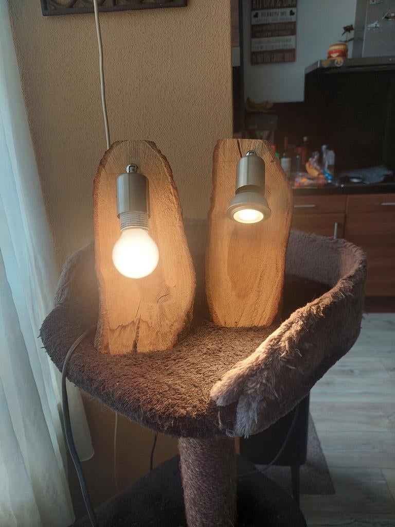 2 houten boomstam lampjes, Ophalen, Gebruikt, Hout