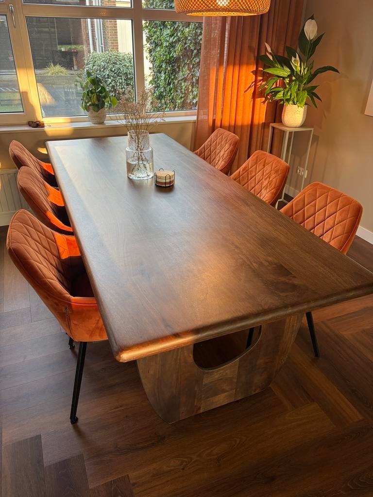 6 roestbruine velvet eetkamerstoelen van Kick Collection, Huis en Inrichting, Stoelen, Ophalen, Overige kleuren, Zo goed als nieuw