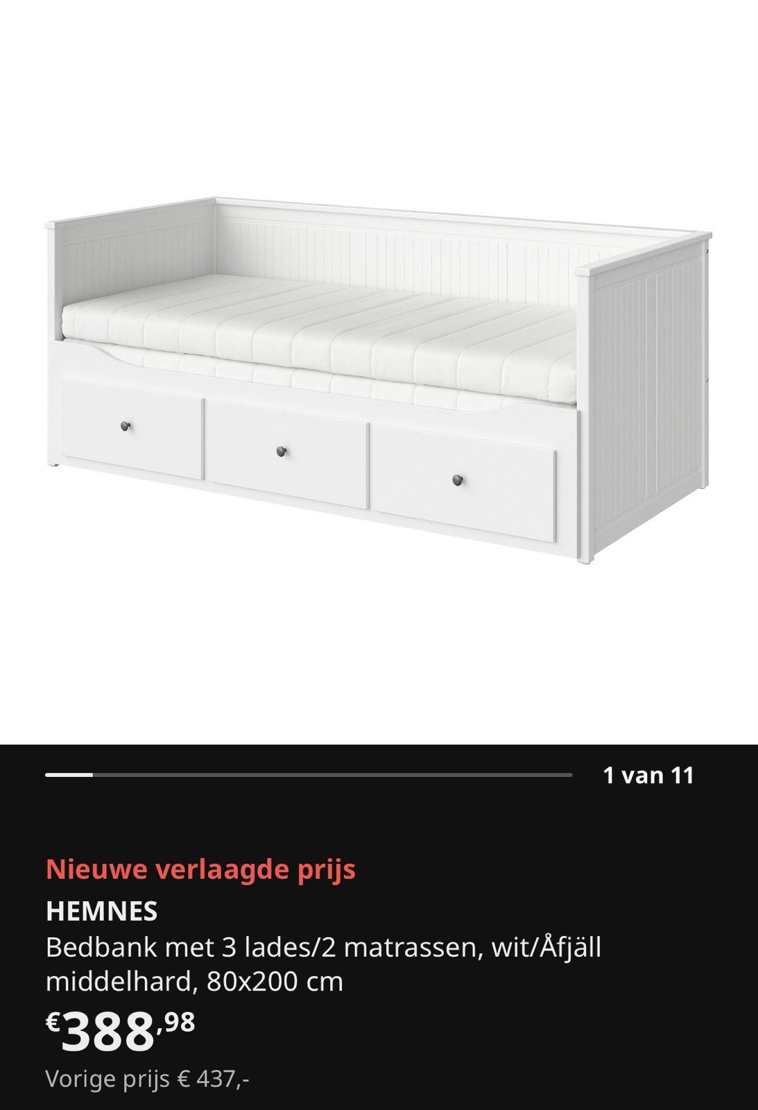 IKEA HEMNES Bedbank met 3 lades - Wit, Ophalen, Eenpersoons, Wit, Zo goed als nieuw