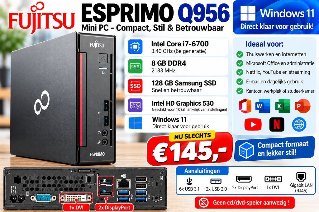 Fujitsu ESPRIMO Q956 Mini PC – Intel Core i7 6700, Computers en Software, 2 tot 3 Ghz, 8 GB, Refurbished, Ophalen of Verzenden