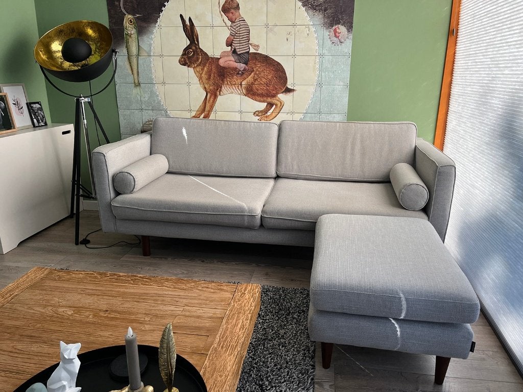 Mooie lichtgrijze bank + hocker | Model Henry, Ophalen, Gebruikt, Driepersoons, 75 tot 100 cm
