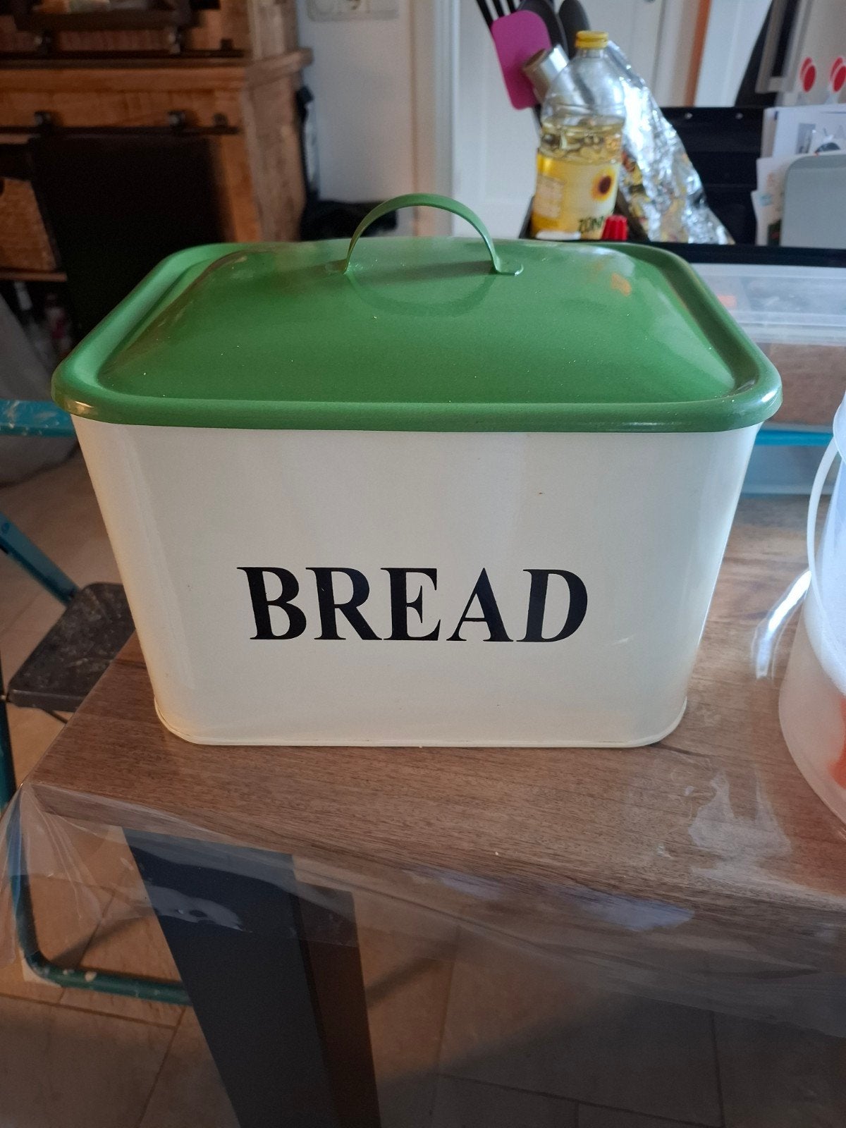 Mooie broodtrommel met groen deksel, Broodtrommel, Ophalen of Verzenden, Gebruikt, Wit