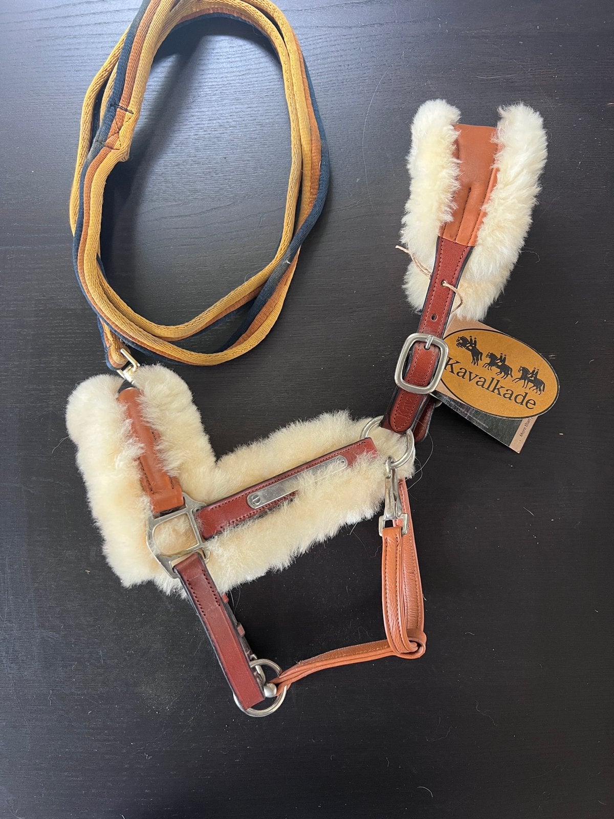 Cognac Leren Halster Bontgevoerd Pony Kavalkade + Touw Bruin, Met bont, Bruin, Zo goed als nieuw, Halster