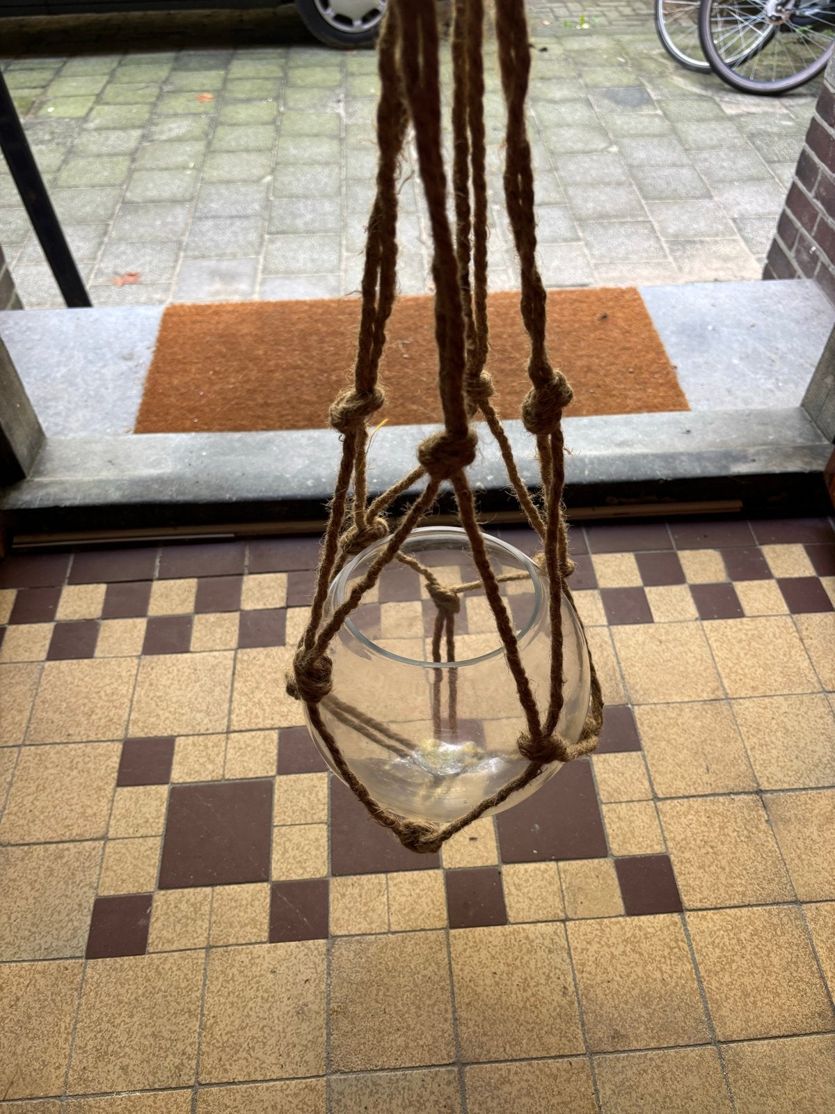 2 Glazen hangvazen met macramé touw, Ophalen, Boho, Zo goed als nieuw, Glas