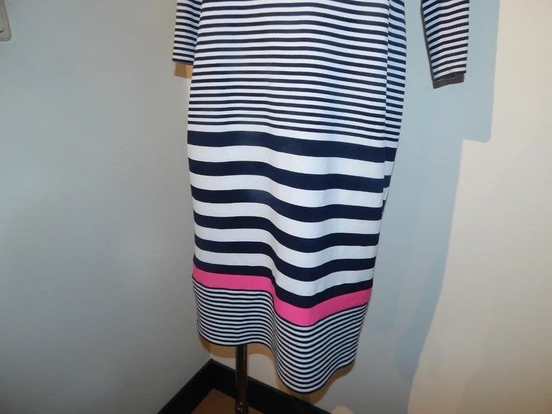 Joseph Ribkoff zwart wit stretch jurk roze accenten mt 38, Maat 38/40 (M), Joseph Ribkoff, Zo goed als nieuw, Knielengte