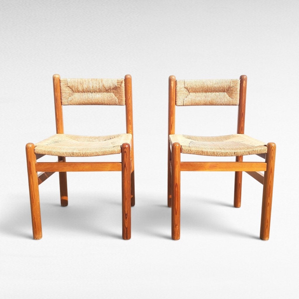 Paar vintage design grenen en biezen stoelen, jaren 70, Gebruikt, Twee, Bruin, Hout