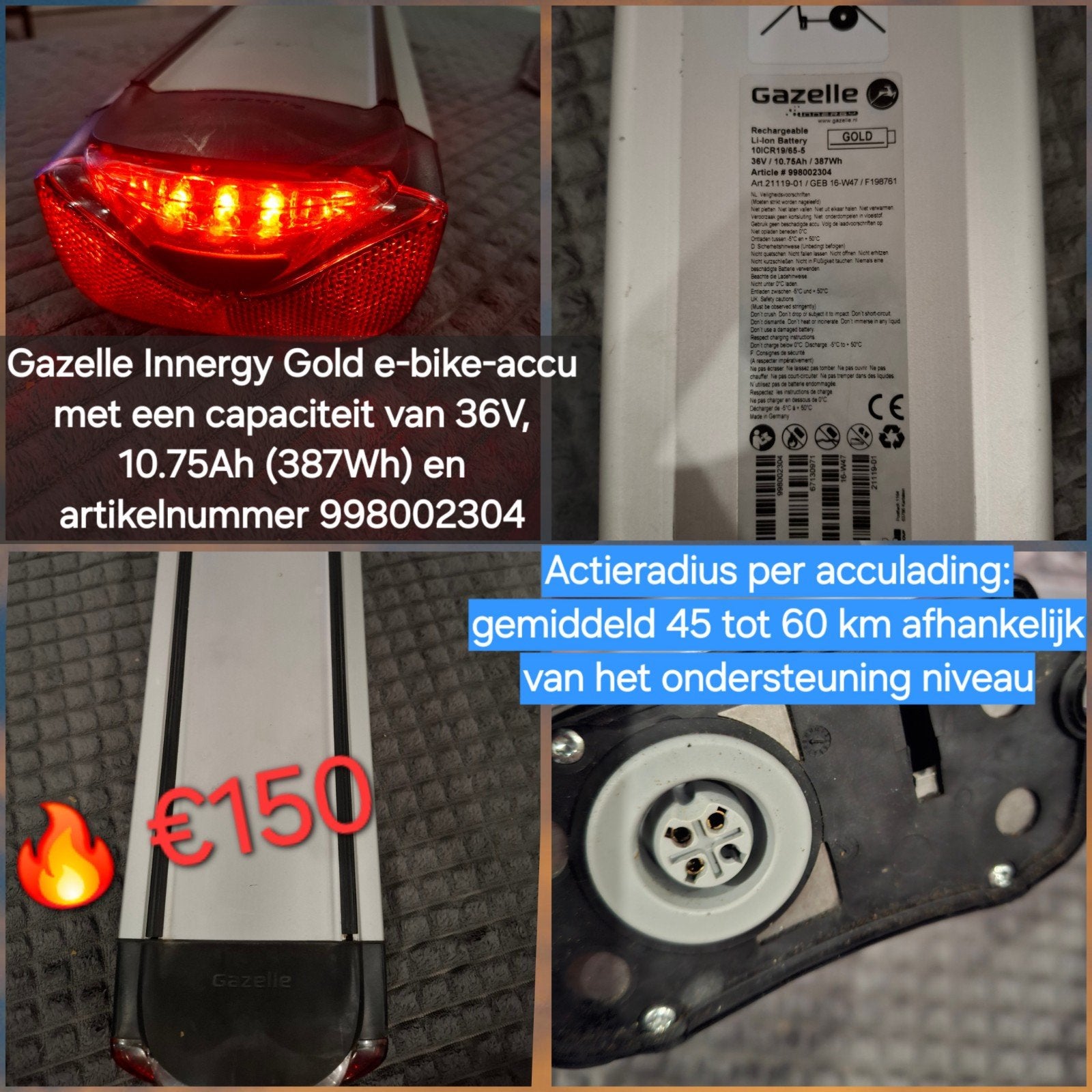 GAZELLE INNERGY ACCU , KOPLAMP , DISPLAY , ACCULADER, Zo goed als nieuw
