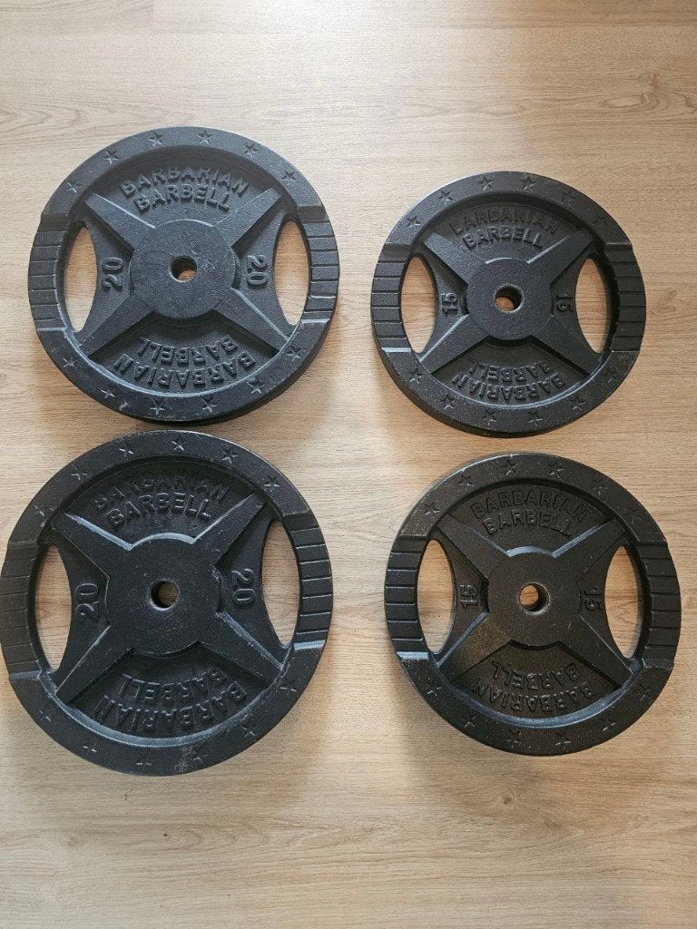 Barbarian Barbell 70 kg (2x20 2x15) 30mm, Ophalen of Verzenden, Gebruikt, Halterschijven