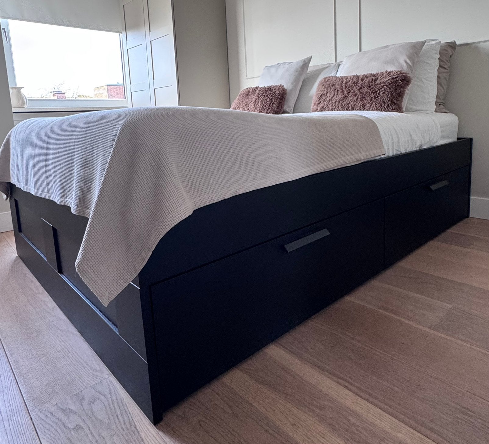 Bed met lades 140x200 zwart (incl. lattenbodems & matras), Ophalen, Zwart, Tweepersoons, 140 cm