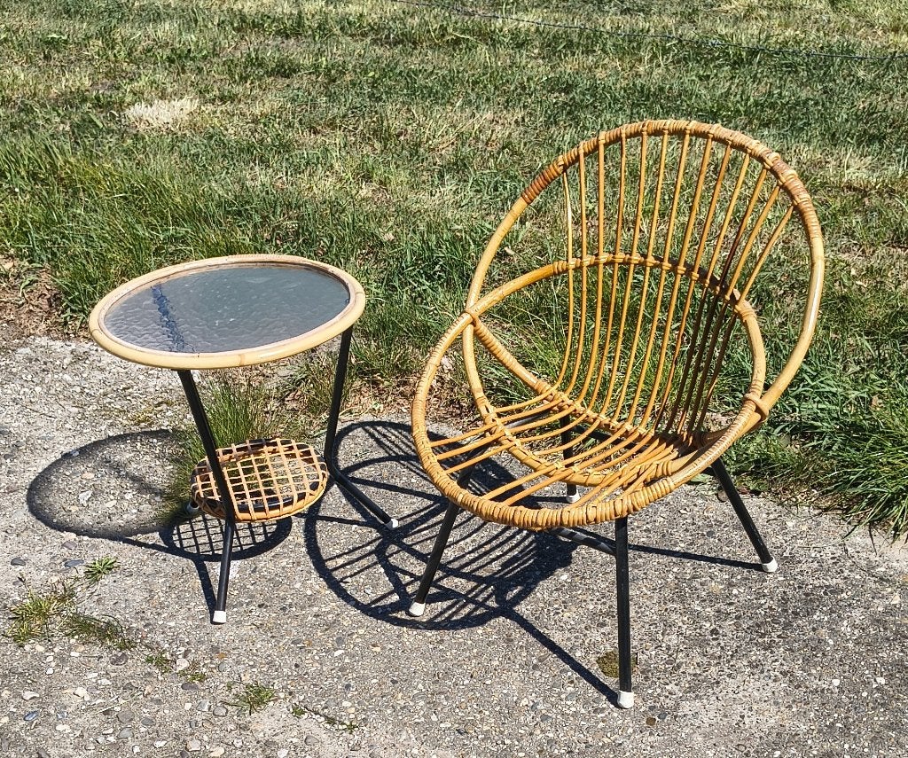 Vintage Rohe Noordwolde set stoel en tafeltje rotan, Ophalen