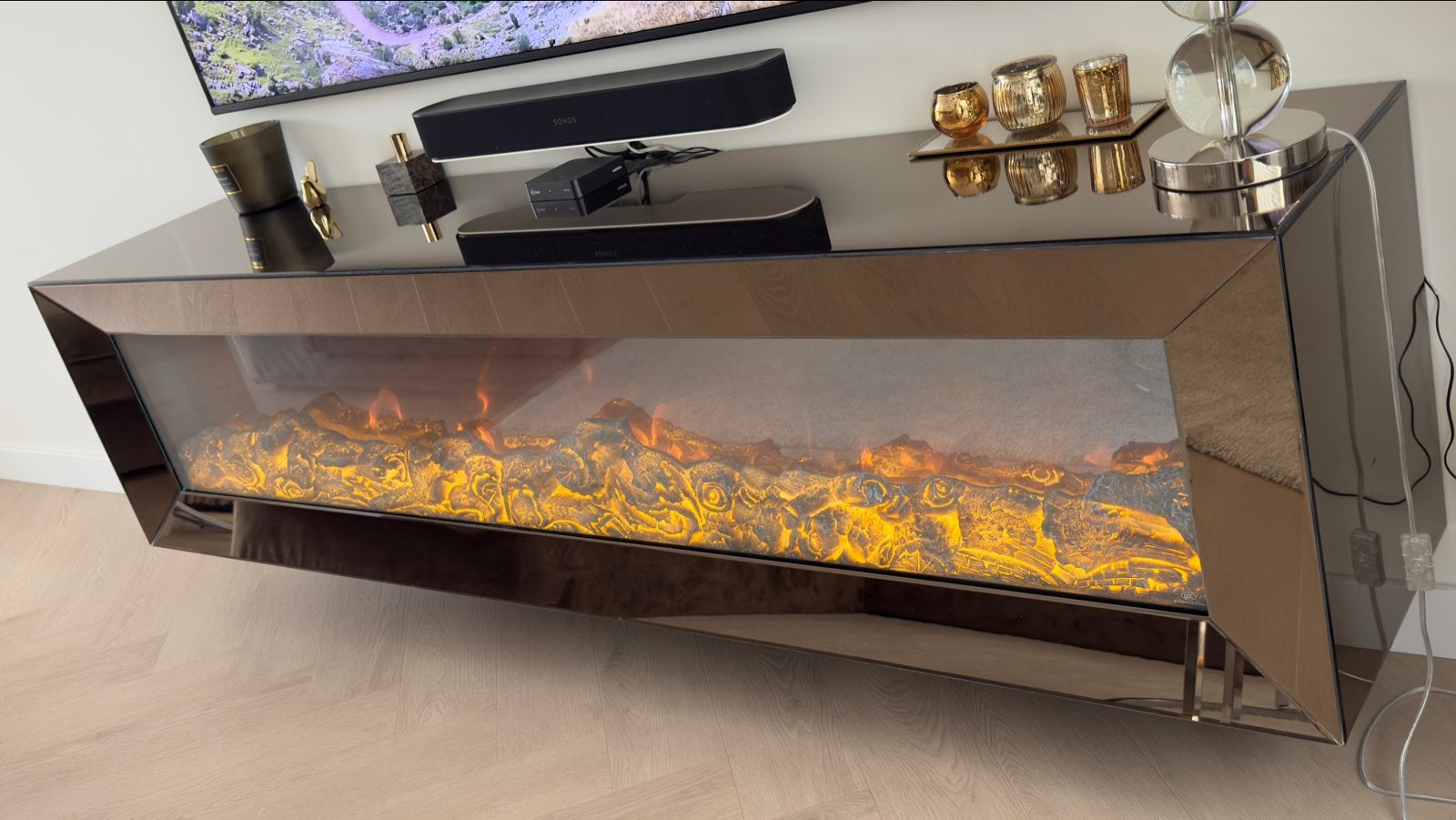 Boston tv-meubel met sfeerhaard –luxe spiegelglas(zonder TV), Ophalen, 150 tot 200 cm, Minder dan 100 cm, 25 tot 50 cm