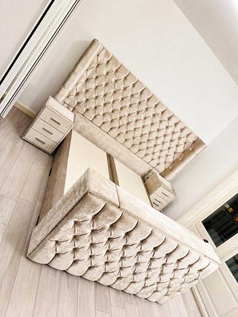 Velvet King Size Bed 180x200 +TV Lift +Matras & Accessoires, Gebruikt, Beige, Tweepersoons, Ophalen of Verzenden