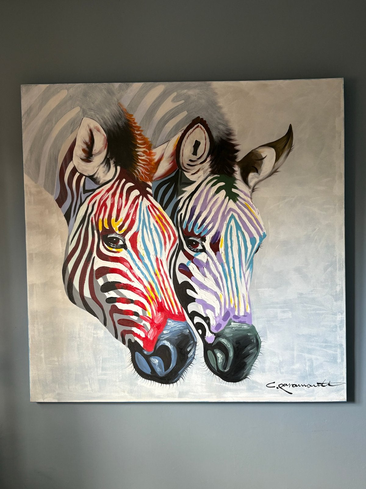 Modern schilderij: Kleurrijke zebra's op canvas, Antiek en Kunst, Ophalen, Acrylverf, Dieren, Gesigneerd