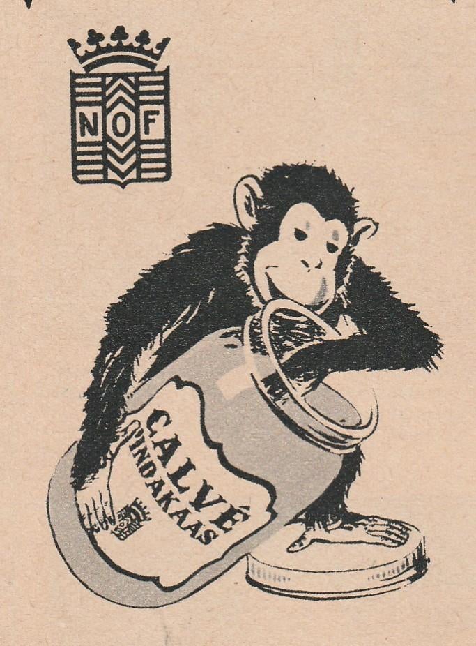 Retro reclame 1951 Calvé pindakaas aapje likt uit pot, Verzenden, Overige typen