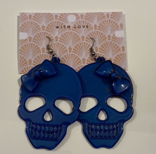 Blauwe oorbellen met doodskop en strik, Overige materialen, Hangers, Blauw, Nieuw