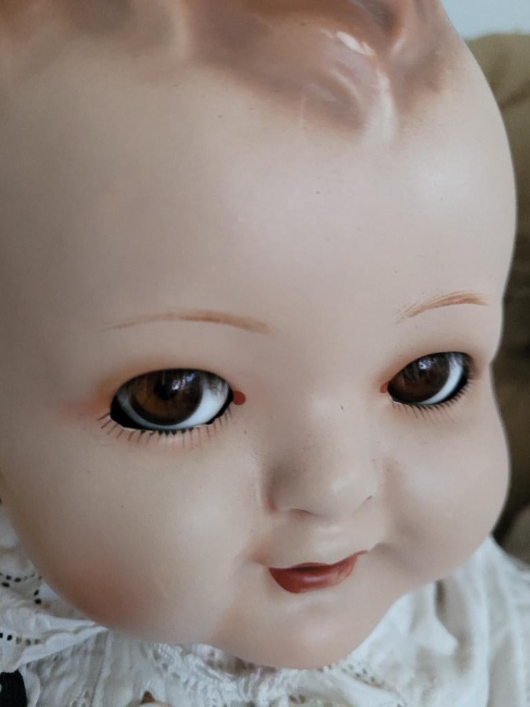 Antieke babypop met glazen draaibare ogen, Verzamelen, Poppen, Heikant 21 Kaatsheuvel, Belle Vieille Brocante, Ophalen of Verzenden
