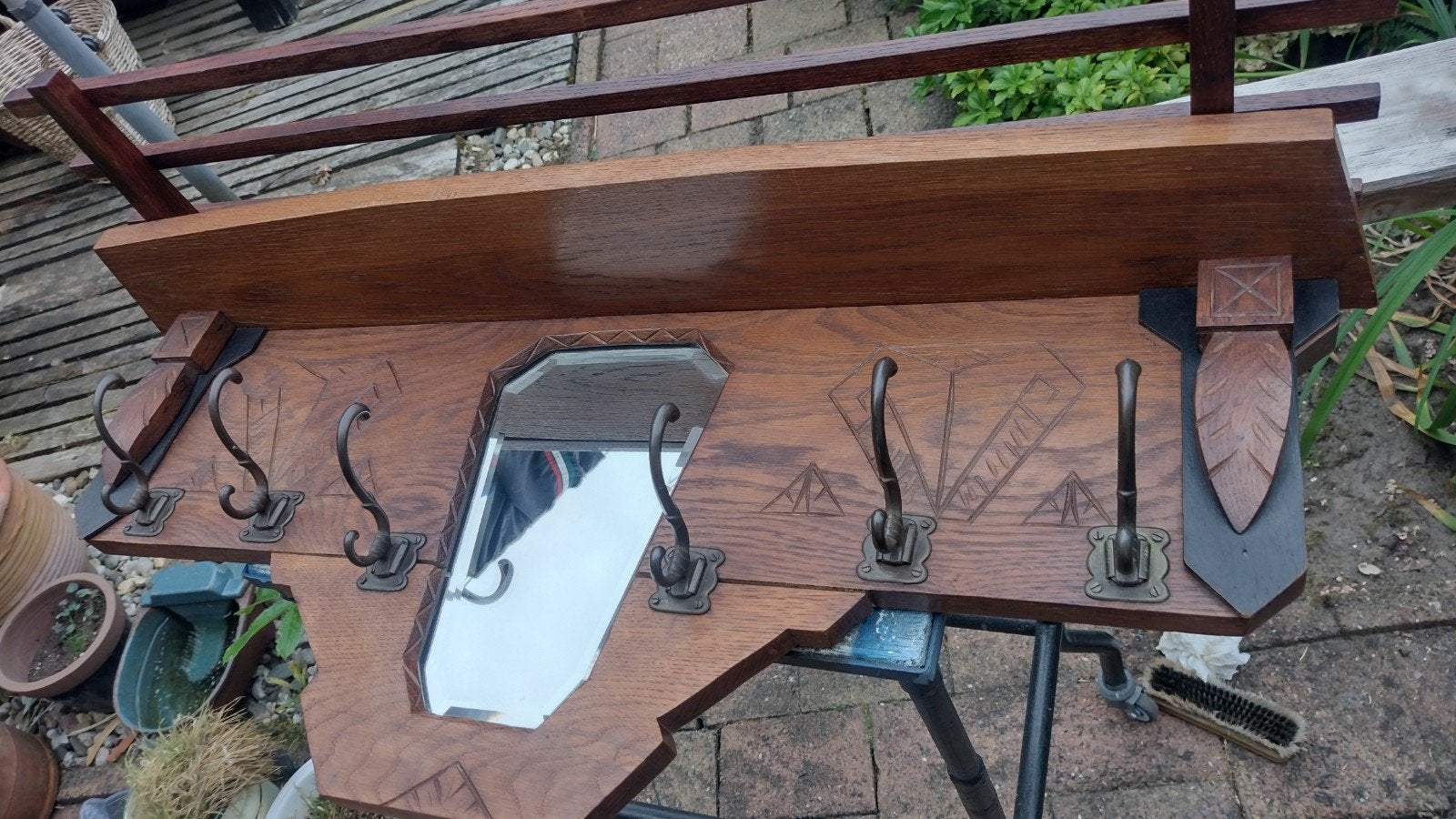 Antieke Art Deco Kapstok met Spiegel en Hoedenplank, Wandkapstok, Gebruikt, 100 tot 150 cm, Ophalen of Verzenden